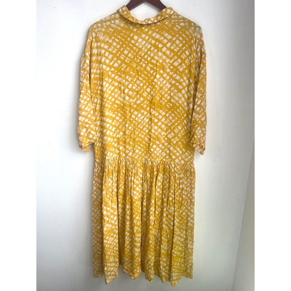 Masai Copenhagen Button Front Midi Dress Yellow Size M Abstract Grid Boho Scandi - Picture 3 of 12